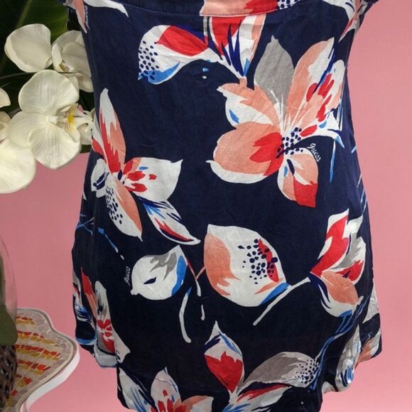 Guess Jeans Silk Navy Tropical Orchid Floral 4th of July Top - Picture 7 of 8